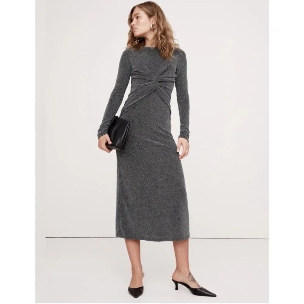 banana republic black silver metallic long sleeve knot front midi dress Medium